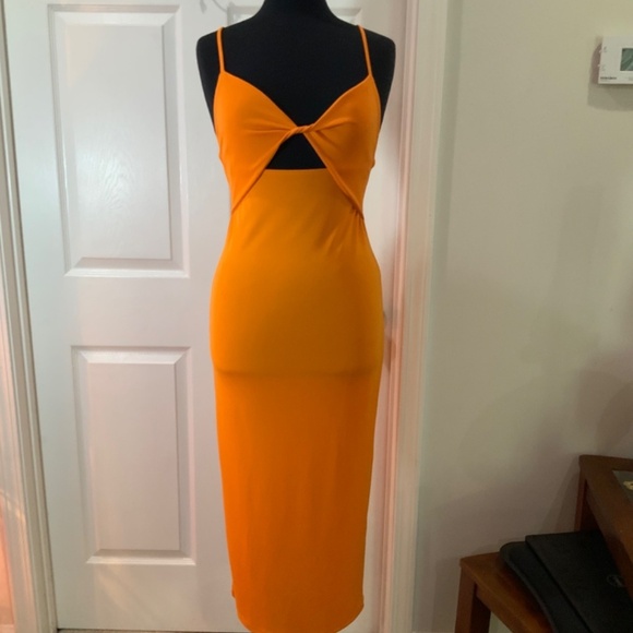 Zara Cut Out Twist Front Orange Midi Boho Dress Size Medium - Picture 8 of 8